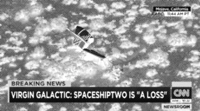 Half-tone style screenshot showing a CNN breaking news chyron that reads VIRGIN GALACTIC: SPACESHIPS TWO IS A LOSS with a timestamp of 'SAT 1:44 AM PT' in the upper right corner. The background shows what appears to be aerial footage or debris field imagery.